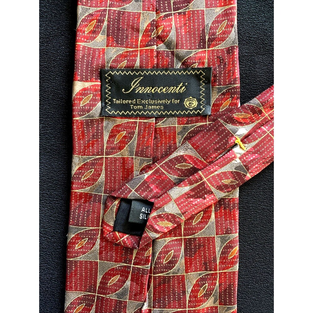 Vtg 80s 90s Innocenti Tom James Silk Long Neck Tie Red Silver Wall Art Designer